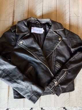 Calvin Klein Jeans Black Faux Leather Moto Jacket with Silver Hardware